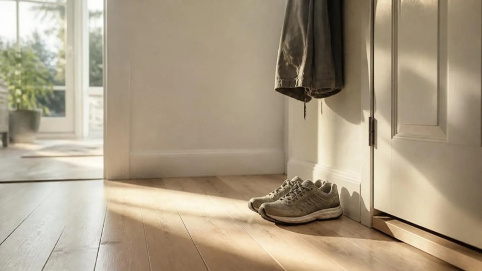 a pair of running shoes beside a front door in a bright hallway in morning light