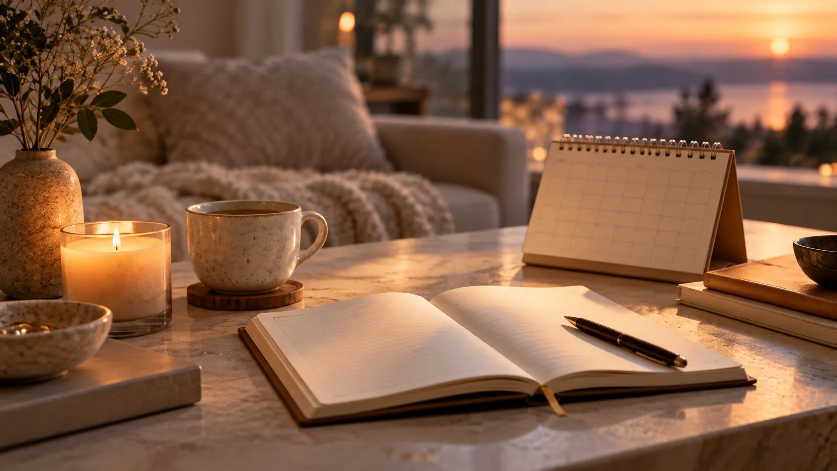 aufgeschlagenes notizbuch, kerze, tasse und ein tischkalender am abend
