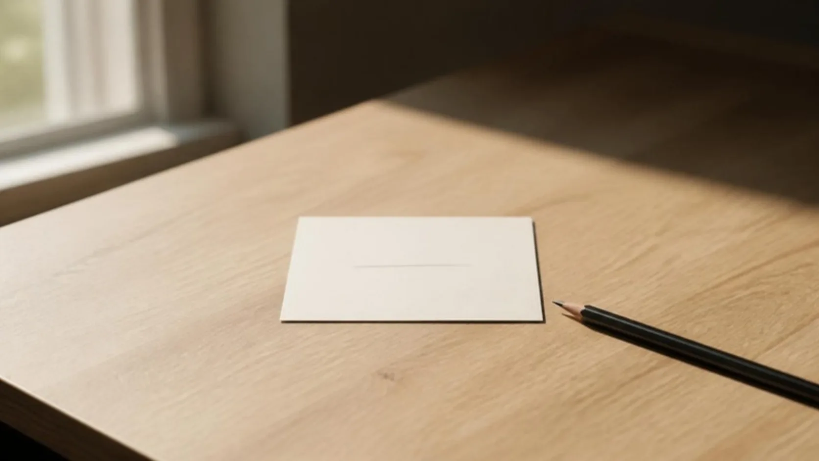 a single index card with a short pencil line and a sharpened pencil on an otherwise empty oak desk