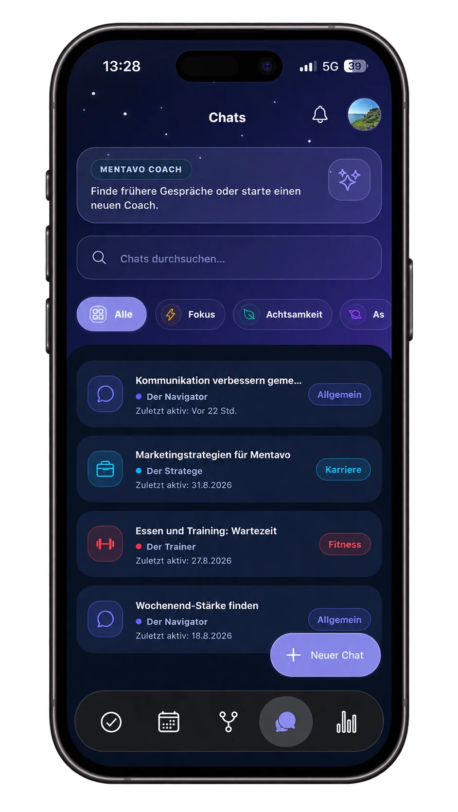 Der Bereich „Chats“ in Mentavo: Suche, Filter nach Perspektive und bisherige Gespräche mit ihren jeweiligen Coach-Perspektiven.