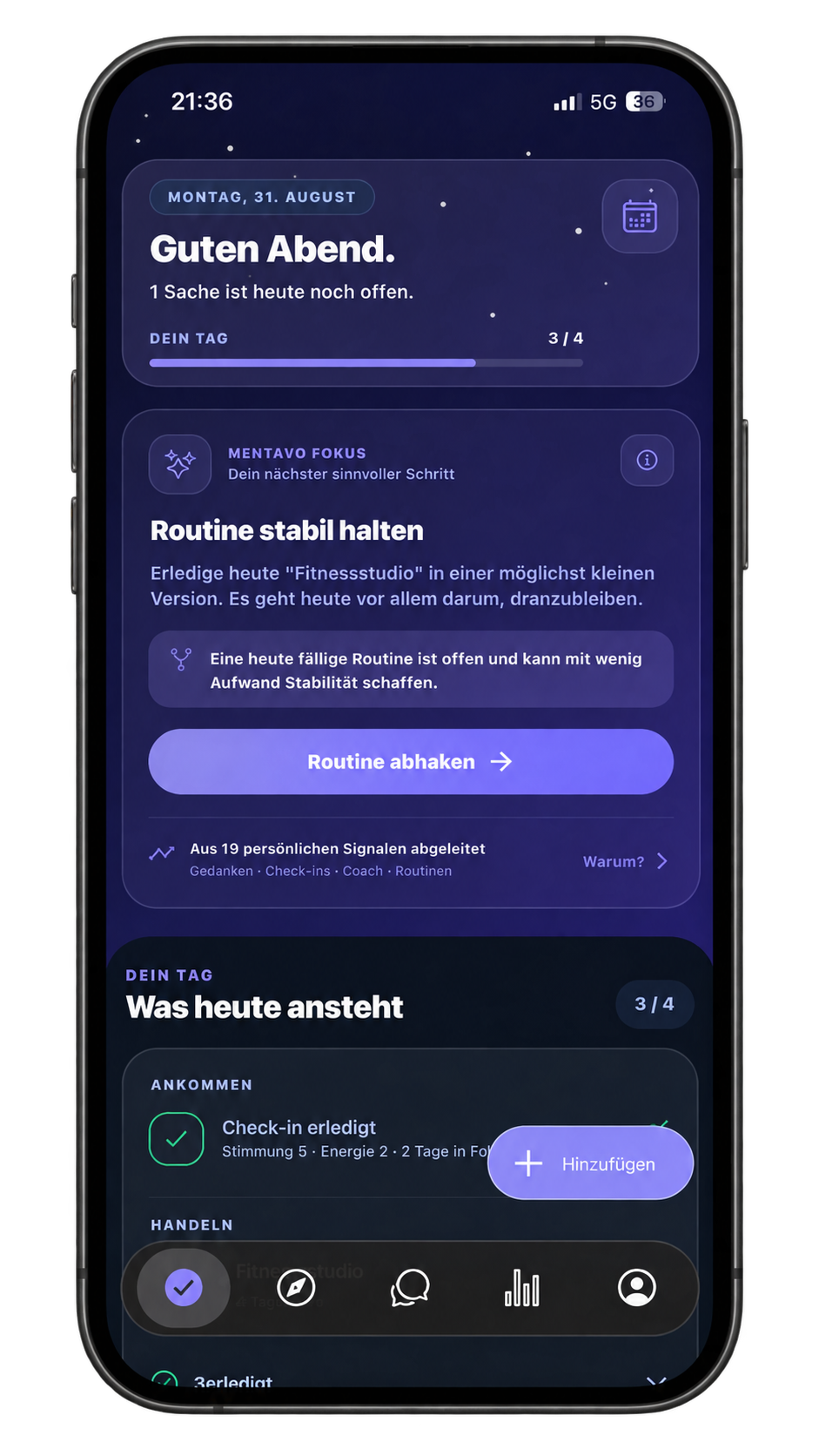Mentavo auf dem Smartphone: der Daily Hub mit der Tagesübersicht aus Check-ins, Routinen, Zielschritten und persönlichen Empfehlungen.