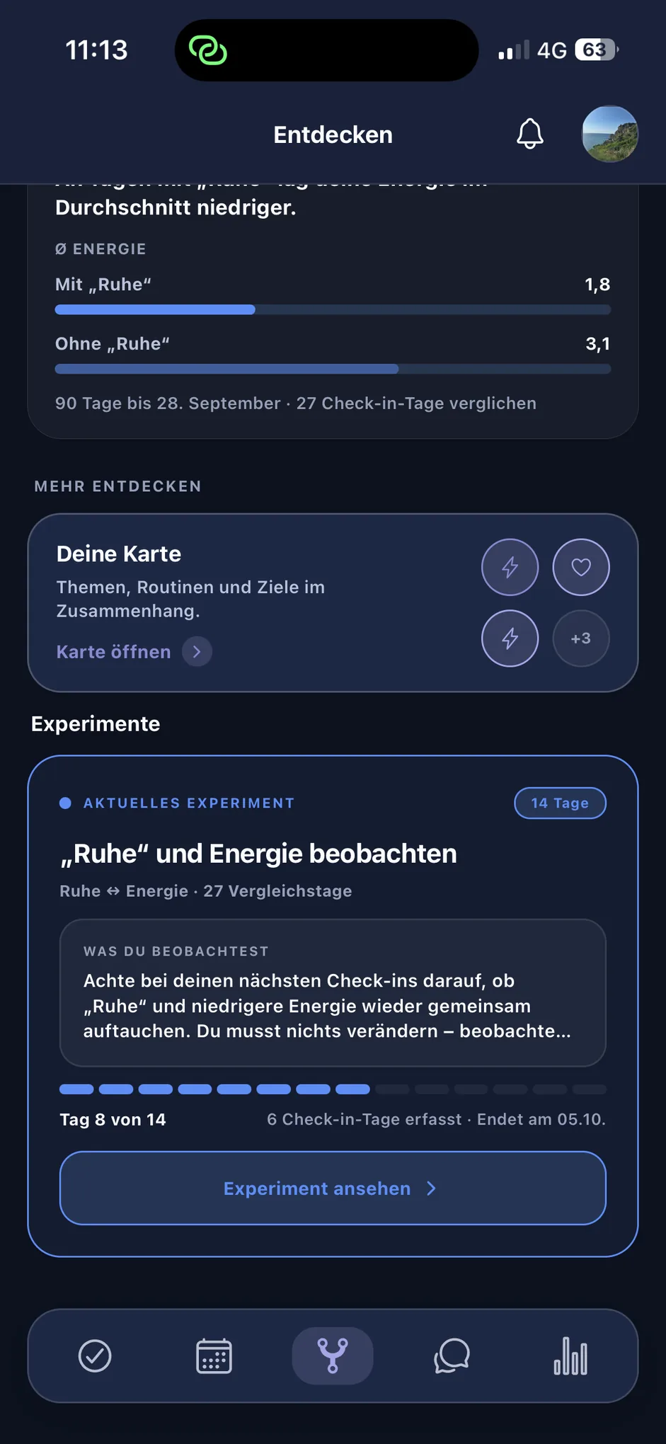 Der Bereich „Entdecken“ weiter unten: der Einstieg in die Mentavo Map und ein laufendes 14-Tage-Experiment zu „Ruhe“ und Energie an Tag 8 von 14, mit der Angabe der bisher erfassten Check-in-Tage.